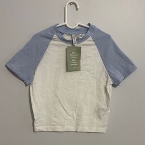 White & Light Blue/Periwinkle Raglan Tee H&M Crop Top NWT
